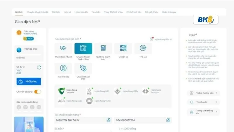 Rút tiền BK8 đơn giản